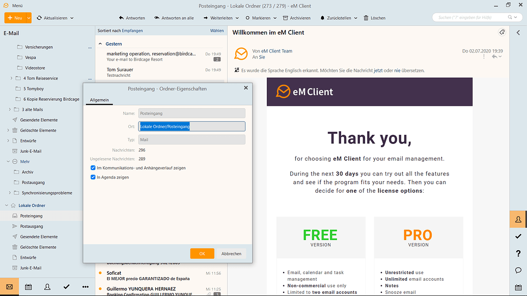 Changing the location of the mail storage Mail eM Client