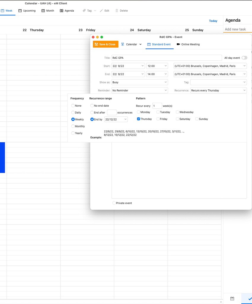 Bug on Recurrent Events in Calendar in MacOS eM Client 9.2.1222