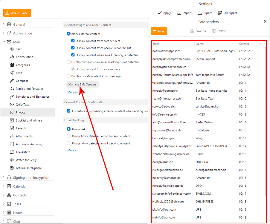 Safe Senders - Export function - Feature request - eM Client
