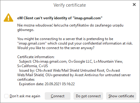 avast certificate error google