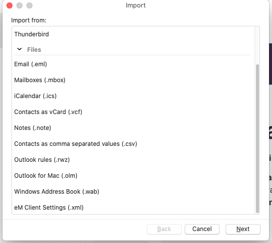 eM Client import file options