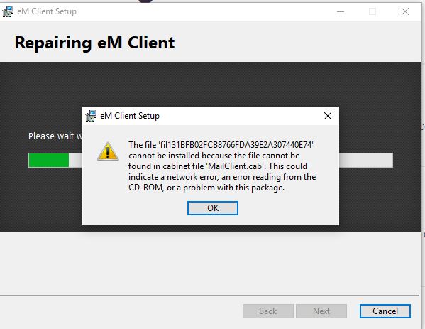 eM Client Repair Error