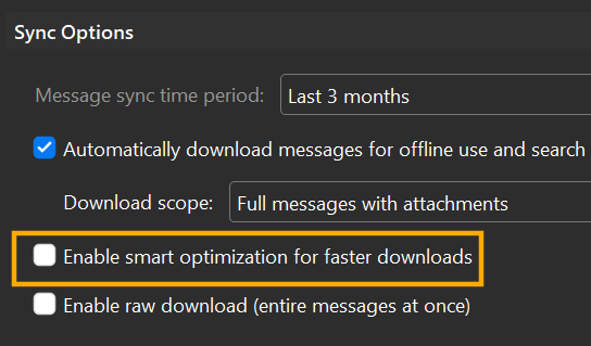 Sync Options with unchecked option: 'Enable smart optimization for faster downloads'